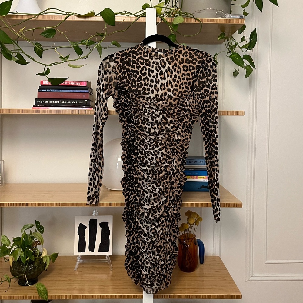 Like new Ganni ruched bodycon cheetah mesh dress